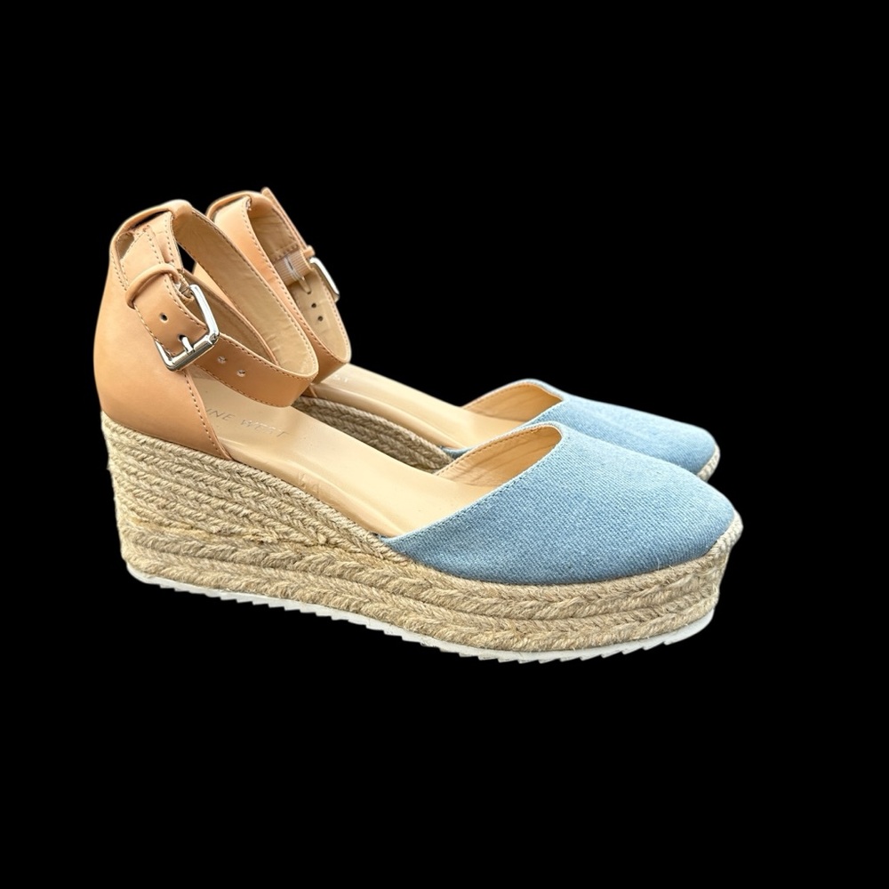 Nine West Ariela Espadrilles wedge platform light blue tan women's size 8 EUC